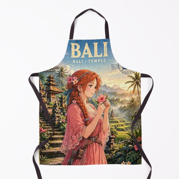 Item preview, Indonesia Bali Temple with a Beautiful Redhead Traveler in a Flowing Coral Dress, Tropical Gardens, Rice Terraces and Magical Sunrise designed and sold by DibujandoPorfa.