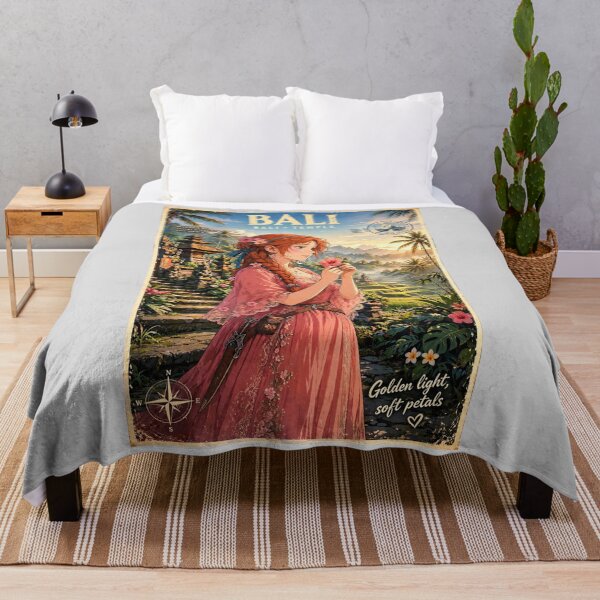 Item preview, Indonesia Bali Temple with a Beautiful Redhead Traveler in a Flowing Coral Dress, Tropical Gardens, Rice Terraces and Magical Sunrise designed and sold by DibujandoPorfa.