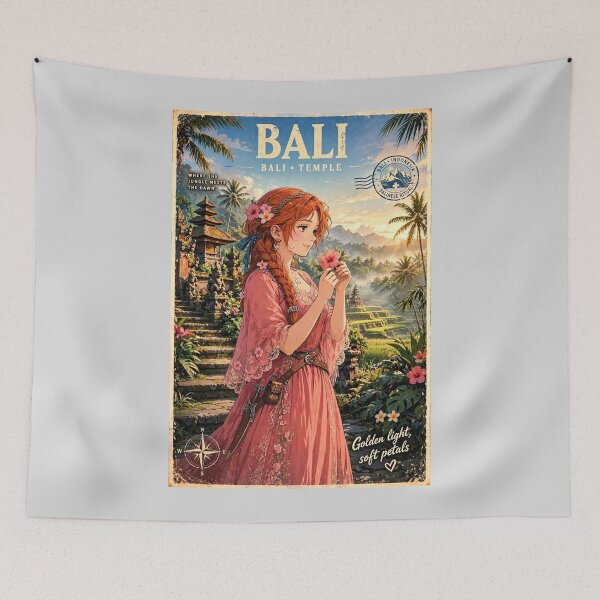 Item preview, Indonesia Bali Temple with a Beautiful Redhead Traveler in a Flowing Coral Dress, Tropical Gardens, Rice Terraces and Magical Sunrise designed and sold by DibujandoPorfa.