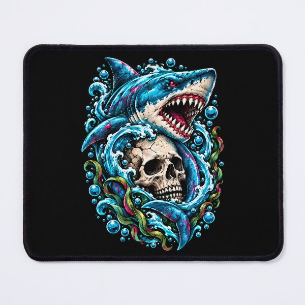 Item preview, Dramatic Oceanic Shark and Skull Illustration in Deep Sea Blue designed and sold by potseed21.