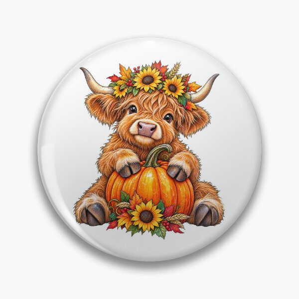 Artikelvorschau, Niedliches Hochlandkalb mit Sonnenblumen hält Kürbis entworfen und verkauft von Lion and Lamb Design.