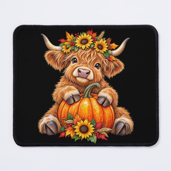 Item preview, Cute Baby Highland Cow with Sunflowers Holds Pumpkin designed and sold by Lion and Lamb Design.