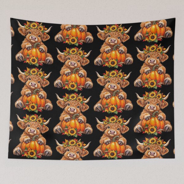 Item preview, Cute Baby Highland Cow with Sunflowers Holds Pumpkin designed and sold by Lion and Lamb Design.