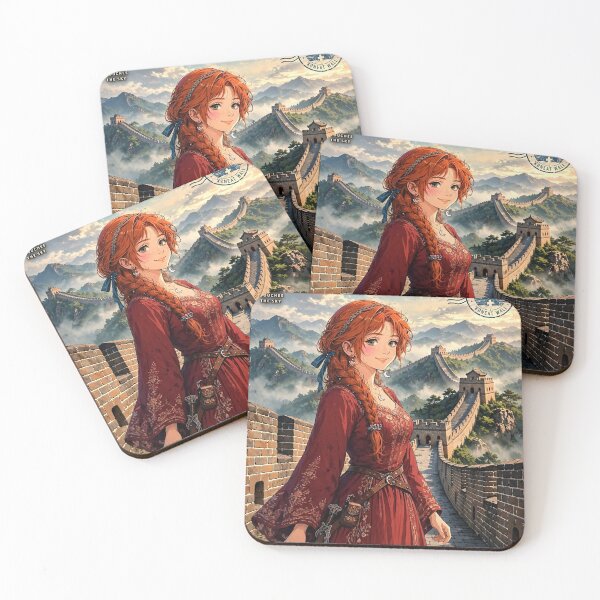 Item preview, China Great Wall with a Graceful Redhead Traveler in an Elegant Red Dress, Misty Mountains and Historic Asian Landscape designed and sold by DibujandoPorfa.