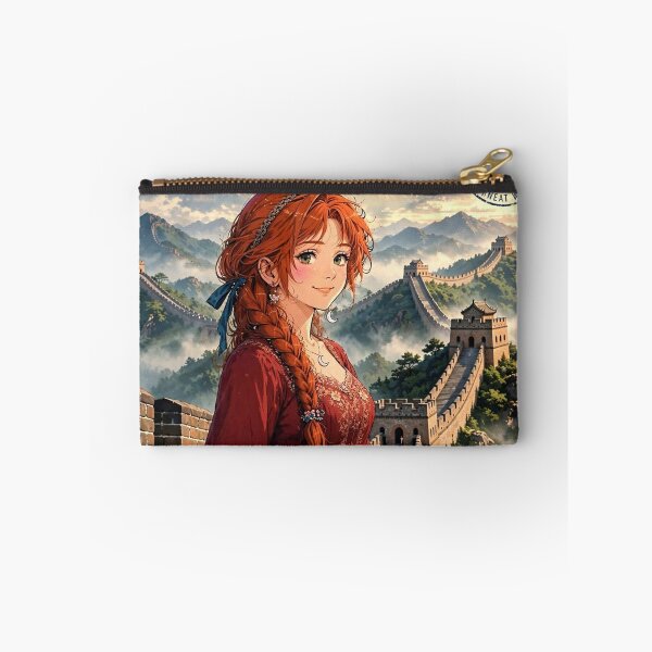 Item preview, China Great Wall with a Graceful Redhead Traveler in an Elegant Red Dress, Misty Mountains and Historic Asian Landscape designed and sold by DibujandoPorfa.