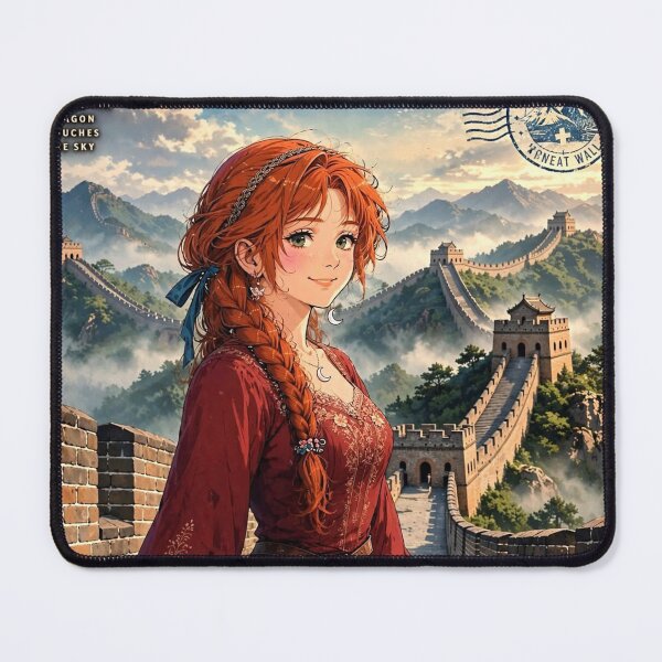 Item preview, China Great Wall with a Graceful Redhead Traveler in an Elegant Red Dress, Misty Mountains and Historic Asian Landscape designed and sold by DibujandoPorfa.