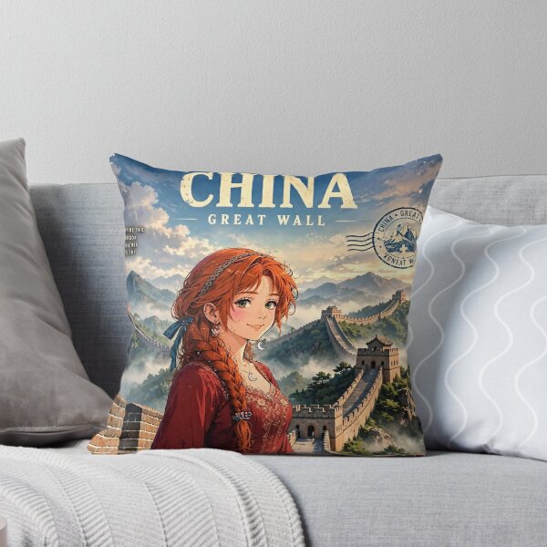 Item preview, China Great Wall with a Graceful Redhead Traveler in an Elegant Red Dress, Misty Mountains and Historic Asian Landscape designed and sold by DibujandoPorfa.
