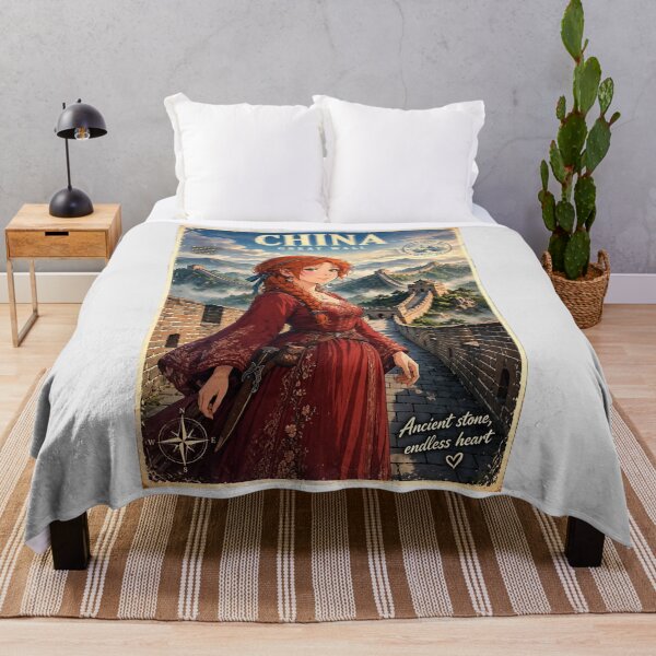 Item preview, China Great Wall with a Graceful Redhead Traveler in an Elegant Red Dress, Misty Mountains and Historic Asian Landscape designed and sold by DibujandoPorfa.