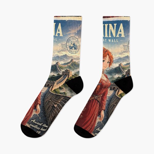 Item preview, China Great Wall with a Graceful Redhead Traveler in an Elegant Red Dress, Misty Mountains and Historic Asian Landscape designed and sold by DibujandoPorfa.