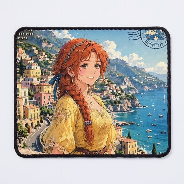 Item preview, Italy Amalfi Coast with a Radiant Redhead Traveler in a Flowing Yellow Dress, Turquoise Mediterranean Sea and Romantic Cliffside Landscape designed and sold by DibujandoPorfa.