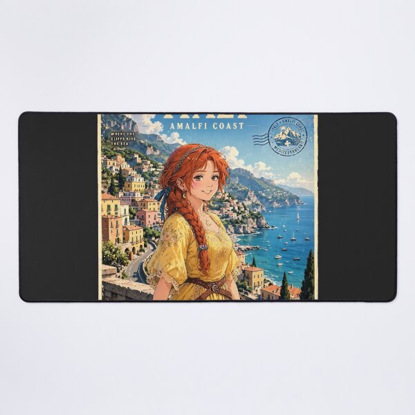 Item preview, Italy Amalfi Coast with a Radiant Redhead Traveler in a Flowing Yellow Dress, Turquoise Mediterranean Sea and Romantic Cliffside Landscape designed and sold by DibujandoPorfa.