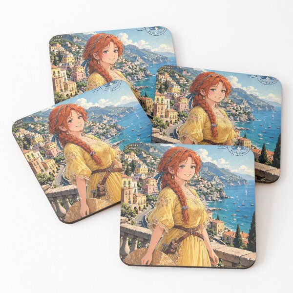 Item preview, Italy Amalfi Coast with a Radiant Redhead Traveler in a Flowing Yellow Dress, Turquoise Mediterranean Sea and Romantic Cliffside Landscape designed and sold by DibujandoPorfa.