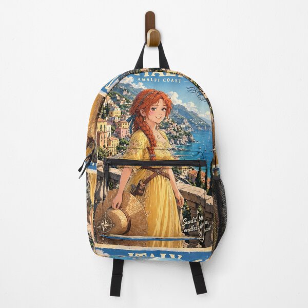 Item preview, Italy Amalfi Coast with a Radiant Redhead Traveler in a Flowing Yellow Dress, Turquoise Mediterranean Sea and Romantic Cliffside Landscape designed and sold by DibujandoPorfa.