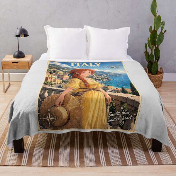 Item preview, Italy Amalfi Coast with a Radiant Redhead Traveler in a Flowing Yellow Dress, Turquoise Mediterranean Sea and Romantic Cliffside Landscape designed and sold by DibujandoPorfa.
