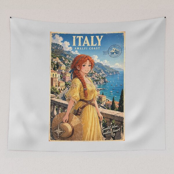 Item preview, Italy Amalfi Coast with a Radiant Redhead Traveler in a Flowing Yellow Dress, Turquoise Mediterranean Sea and Romantic Cliffside Landscape designed and sold by DibujandoPorfa.