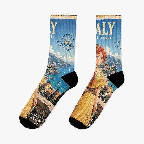 Item preview, Italy Amalfi Coast with a Radiant Redhead Traveler in a Flowing Yellow Dress, Turquoise Mediterranean Sea and Romantic Cliffside Landscape designed and sold by DibujandoPorfa.