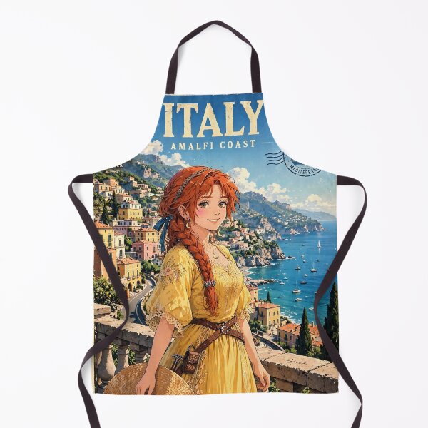 Item preview, Italy Amalfi Coast with a Radiant Redhead Traveler in a Flowing Yellow Dress, Turquoise Mediterranean Sea and Romantic Cliffside Landscape designed and sold by DibujandoPorfa.