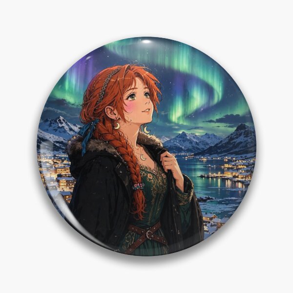 Item preview, Norway Tromsø Northern Lights with an Enchanting Redhead Traveler in Emerald Evening Fashion, Snowy Mountains and Magical Aurora Sky designed and sold by DibujandoPorfa.