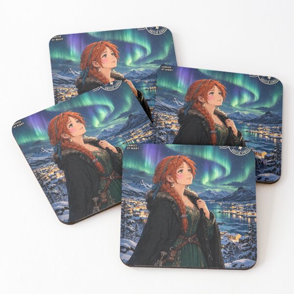 Item preview, Norway Tromsø Northern Lights with an Enchanting Redhead Traveler in Emerald Evening Fashion, Snowy Mountains and Magical Aurora Sky designed and sold by DibujandoPorfa.