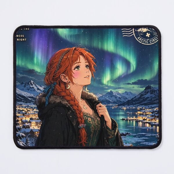 Item preview, Norway Tromsø Northern Lights with an Enchanting Redhead Traveler in Emerald Evening Fashion, Snowy Mountains and Magical Aurora Sky designed and sold by DibujandoPorfa.