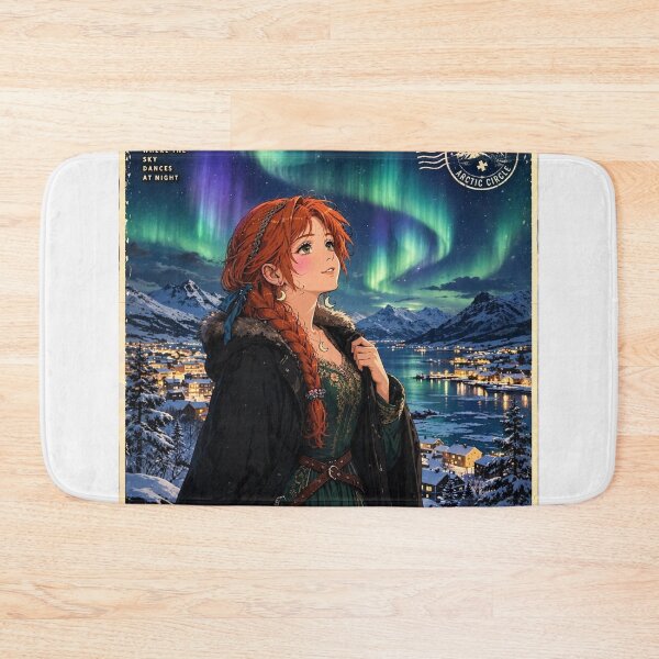 Item preview, Norway Tromsø Northern Lights with an Enchanting Redhead Traveler in Emerald Evening Fashion, Snowy Mountains and Magical Aurora Sky designed and sold by DibujandoPorfa.
