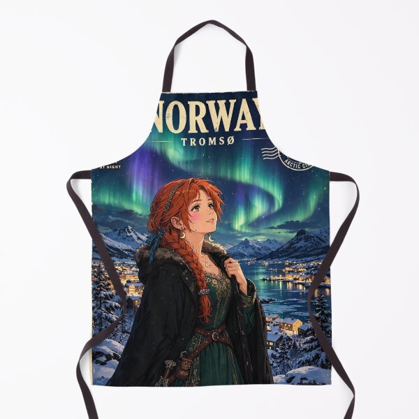 Item preview, Norway Tromsø Northern Lights with an Enchanting Redhead Traveler in Emerald Evening Fashion, Snowy Mountains and Magical Aurora Sky designed and sold by DibujandoPorfa.