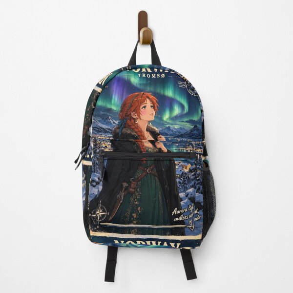 Item preview, Norway Tromsø Northern Lights with an Enchanting Redhead Traveler in Emerald Evening Fashion, Snowy Mountains and Magical Aurora Sky designed and sold by DibujandoPorfa.