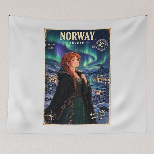 Item preview, Norway Tromsø Northern Lights with an Enchanting Redhead Traveler in Emerald Evening Fashion, Snowy Mountains and Magical Aurora Sky designed and sold by DibujandoPorfa.