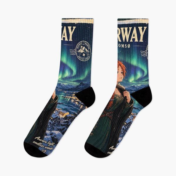 Item preview, Norway Tromsø Northern Lights with an Enchanting Redhead Traveler in Emerald Evening Fashion, Snowy Mountains and Magical Aurora Sky designed and sold by DibujandoPorfa.