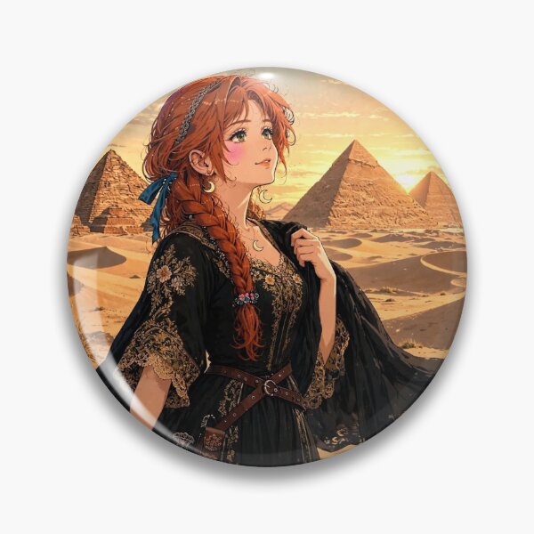 Item preview, Egypt Giza Pyramids with a Mysterious Redhead Traveler in Elegant Black and Gold Dress, Golden Desert Sunset and Ancient Landscape designed and sold by DibujandoPorfa.