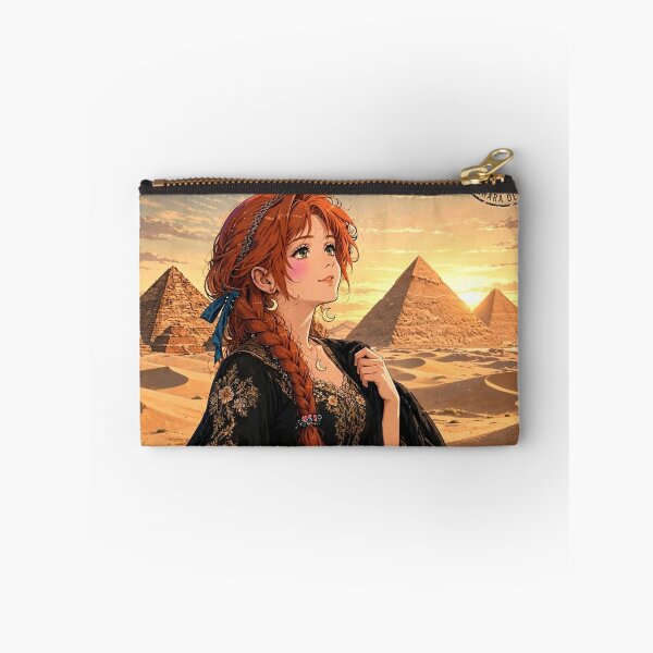 Item preview, Egypt Giza Pyramids with a Mysterious Redhead Traveler in Elegant Black and Gold Dress, Golden Desert Sunset and Ancient Landscape designed and sold by DibujandoPorfa.