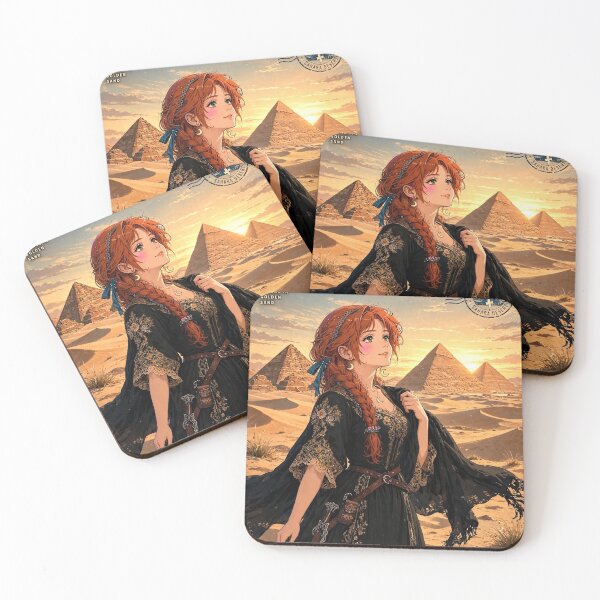 Item preview, Egypt Giza Pyramids with a Mysterious Redhead Traveler in Elegant Black and Gold Dress, Golden Desert Sunset and Ancient Landscape designed and sold by DibujandoPorfa.