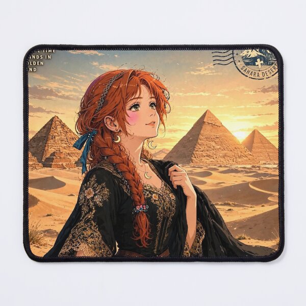 Item preview, Egypt Giza Pyramids with a Mysterious Redhead Traveler in Elegant Black and Gold Dress, Golden Desert Sunset and Ancient Landscape designed and sold by DibujandoPorfa.