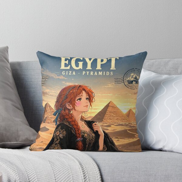 Item preview, Egypt Giza Pyramids with a Mysterious Redhead Traveler in Elegant Black and Gold Dress, Golden Desert Sunset and Ancient Landscape designed and sold by DibujandoPorfa.