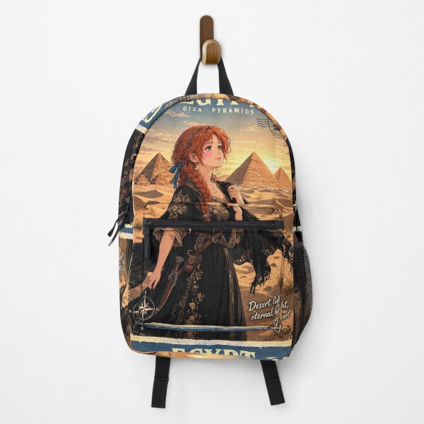 Item preview, Egypt Giza Pyramids with a Mysterious Redhead Traveler in Elegant Black and Gold Dress, Golden Desert Sunset and Ancient Landscape designed and sold by DibujandoPorfa.