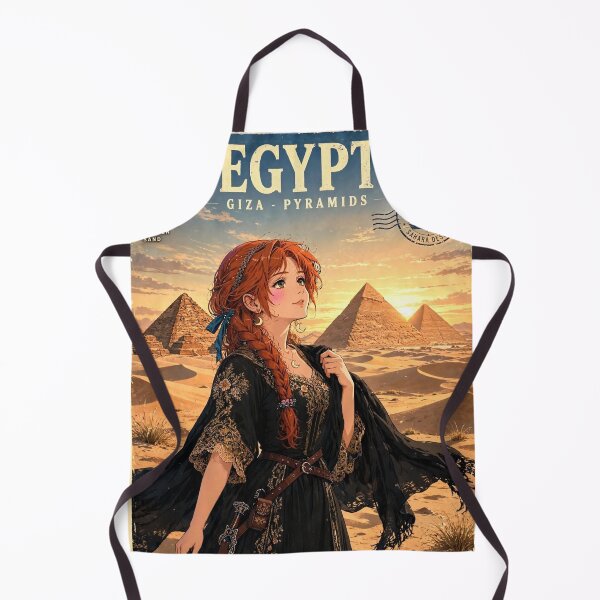 Item preview, Egypt Giza Pyramids with a Mysterious Redhead Traveler in Elegant Black and Gold Dress, Golden Desert Sunset and Ancient Landscape designed and sold by DibujandoPorfa.