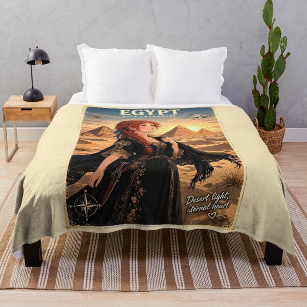 Item preview, Egypt Giza Pyramids with a Mysterious Redhead Traveler in Elegant Black and Gold Dress, Golden Desert Sunset and Ancient Landscape designed and sold by DibujandoPorfa.
