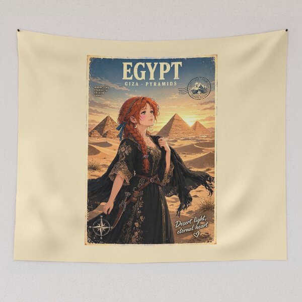Item preview, Egypt Giza Pyramids with a Mysterious Redhead Traveler in Elegant Black and Gold Dress, Golden Desert Sunset and Ancient Landscape designed and sold by DibujandoPorfa.