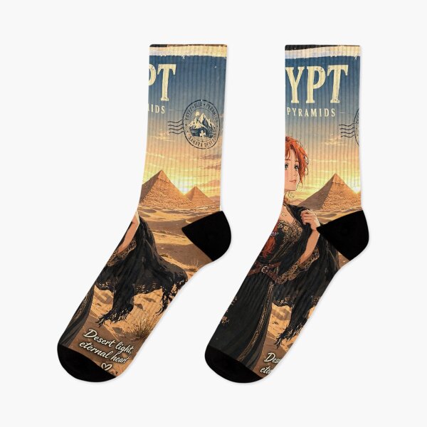 Item preview, Egypt Giza Pyramids with a Mysterious Redhead Traveler in Elegant Black and Gold Dress, Golden Desert Sunset and Ancient Landscape designed and sold by DibujandoPorfa.