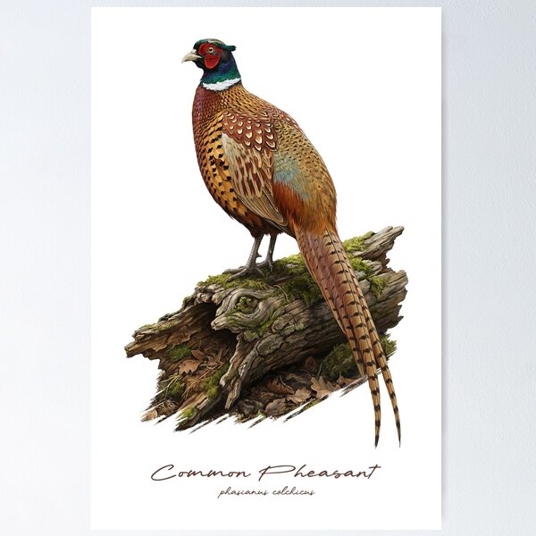 Item preview, Common Pheasant on Mossy Wooden Log Bird Illustration designed and sold by Takeda-art.