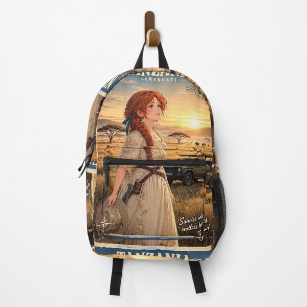 Item preview, Tanzania Serengeti Safari with a Beautiful Redhead Traveler in Elegant Safari Fashion, Golden Savannah and Majestic African Landscape designed and sold by DibujandoPorfa.