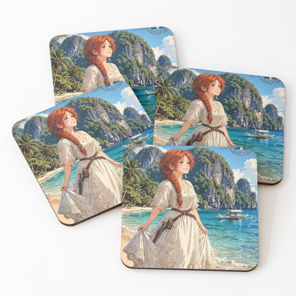 Item preview, Philippines Palawan with a Beautiful Redhead Traveler in a Delicate White Dress, Turquoise Lagoon, Tropical Cliffs and Paradise Island Landscape designed and sold by DibujandoPorfa.