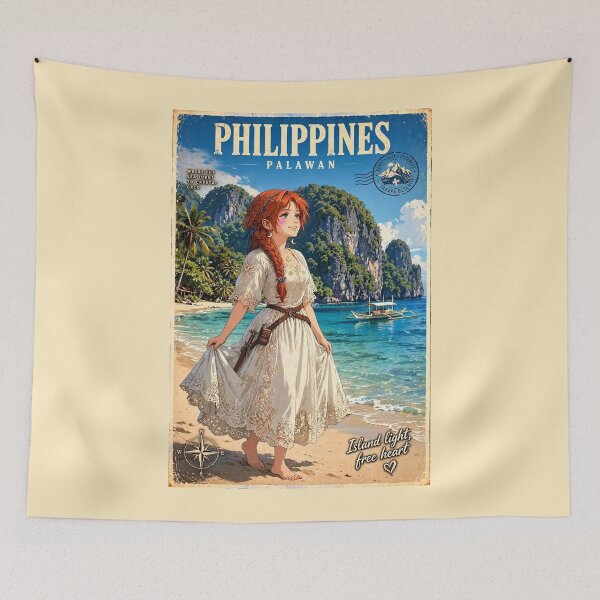 Item preview, Philippines Palawan with a Beautiful Redhead Traveler in a Delicate White Dress, Turquoise Lagoon, Tropical Cliffs and Paradise Island Landscape designed and sold by DibujandoPorfa.