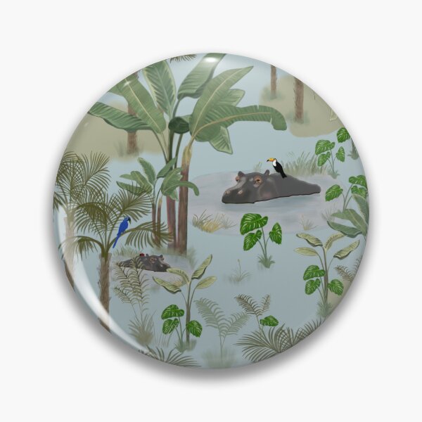 Item preview, Gentle Jungle Tropical Pattern with Palm Trees, Hippos, Exotic Birds designed and sold by The Flying Bunny Studio.