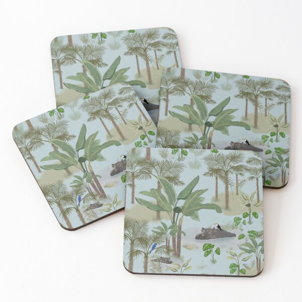 Item preview, Gentle Jungle Tropical Pattern with Palm Trees, Hippos, Exotic Birds designed and sold by The Flying Bunny Studio.