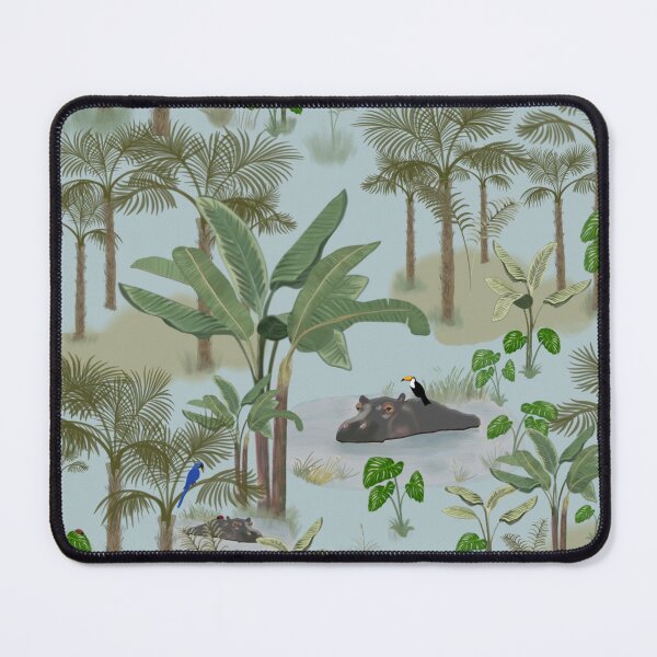 Item preview, Gentle Jungle Tropical Pattern with Palm Trees, Hippos, Exotic Birds designed and sold by The Flying Bunny Studio.