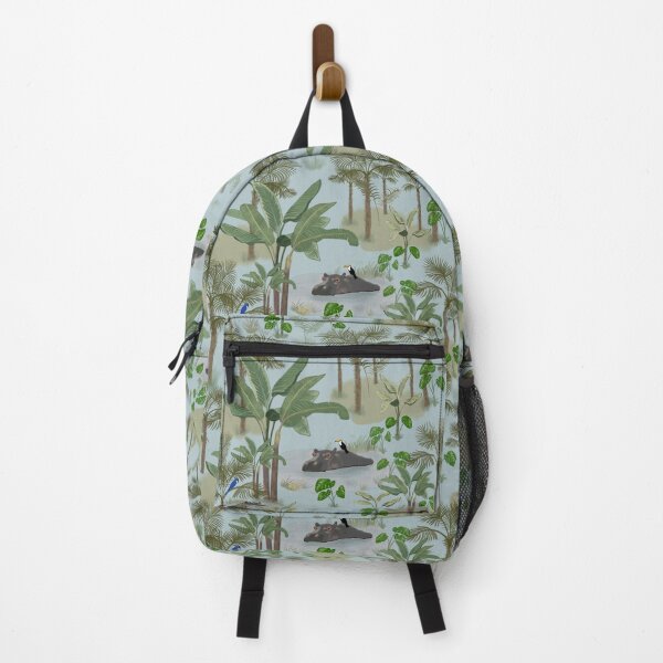 Item preview, Gentle Jungle Tropical Pattern with Palm Trees, Hippos, Exotic Birds designed and sold by The Flying Bunny Studio.