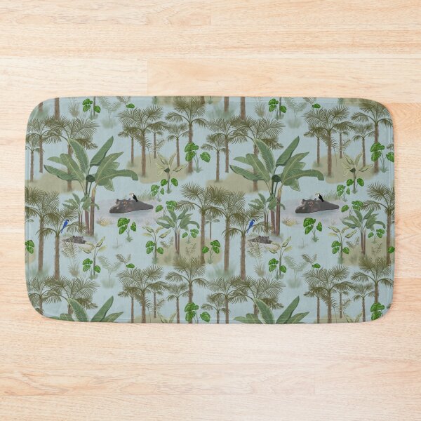 Item preview, Gentle Jungle Tropical Pattern with Palm Trees, Hippos, Exotic Birds designed and sold by The Flying Bunny Studio.