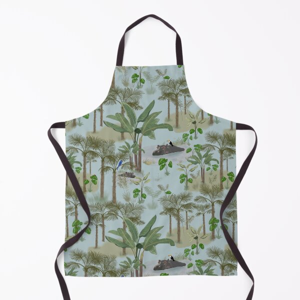 Item preview, Gentle Jungle Tropical Pattern with Palm Trees, Hippos, Exotic Birds designed and sold by The Flying Bunny Studio.