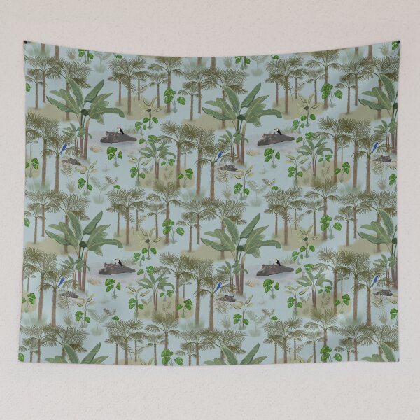 Item preview, Gentle Jungle Tropical Pattern with Palm Trees, Hippos, Exotic Birds designed and sold by The Flying Bunny Studio.
